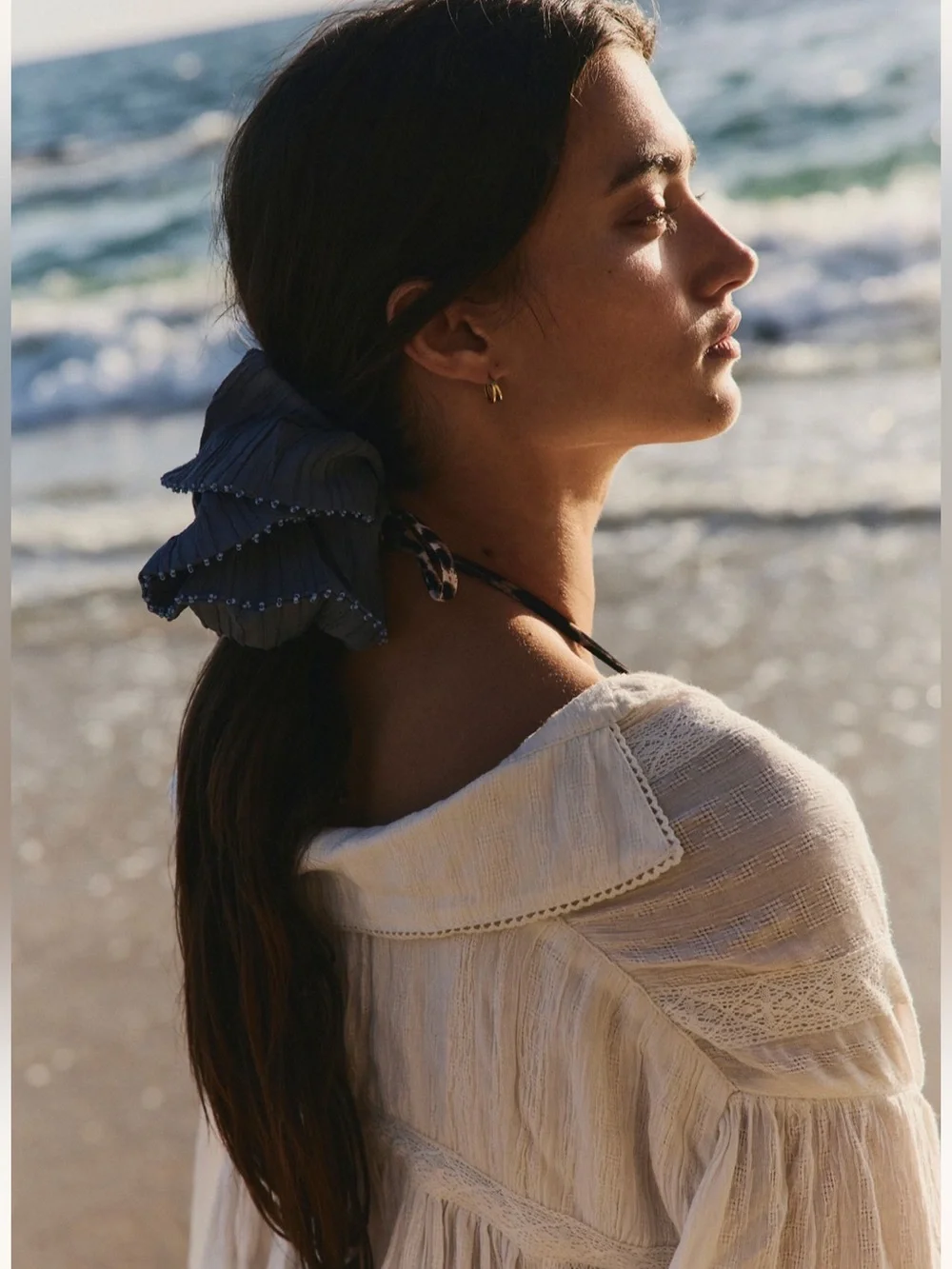 Free People Blue Textured Beaded Oversized Scrunchie Hair Accessory